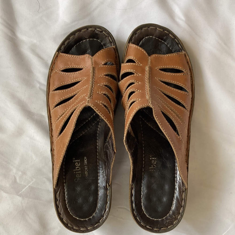 Tan leather wedge slide sandals